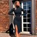 Women's Sexy Knee-Length Party Dresses Cotton Ribbed Knitted Turtleneck Solid Split Long Sleeve Mock Neck Elegant Dress