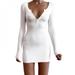 Sonbest Ladies Autumn Dress Casual Solid Color Low-Cut V-neck Tight Long Sleeve Dress White S