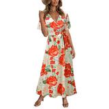 Summer Casual Floral Print Midi Dress for Women Short Sleeve Wrap Dress Bohemian Beach Sundress