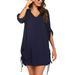 UKAP Women's Summer 3/4 Sleeve Casual Dresses Swing Cover Up Lace Up Adjustable Sleeve Chiffon Sundress Navy Blue S(US 4-6)