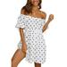 Women Off Shoulder Short Sleeve Polka Dot Mini Dress Casual Swing Beach Summer Dresses