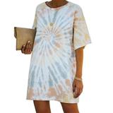 Avamo S-XL Women Tie-dye Print Mini Dress Casual Round Neck Rainbow Short Mini Dress Half Sleeve T Shirt Dress for Lady Apricot M(US 8-10)