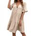 Promotion Clearance Summer New Dress Loose Casual Dress 5 Points Sleeve Long V Neck Dress for Women Apricot S