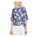 MICHAEL KORS Womens Blue Tie Floral Bell Sleeve Jewel Neck Top Size M