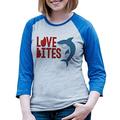 7 ate 9 Apparel Women's Love Bites Shark Valentine's Day Blue Raglan Shirt XL