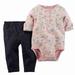 Carters Infant Girls Pink Floral Baby Outfit Bodysuit & Blue Denim Leggings Set