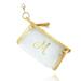 Clear zipper small travel bag with initial "M" trimmed in gold accents with tassel and swivel clip