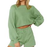 Winnereco Solid Women Puff Sleeve Sweater Loose O-Neck Pullover Sweatshirt (Green S)