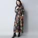 Vintage Women Loose Dress Floral Print Turtleneck Long Sleeve Side Pocket Casual Robe