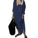 Sexy Dance Womens Linen-Cotton T Shirt Dress Long Sleeve Plain Tunic Dress Button Down Maxi Dress For Lady Vintage Swing Dress Side Slit Pockets Plus Size