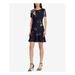 RALPH LAUREN Womens Navy Pleated Darted Floral Short Sleeve Jewel Neck Mini Fit + Flare Cocktail Dress Size: 12