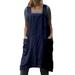 UKAP Casual Beach Kaftan for Women Vintage Fashion Pockets A Line Pinafore Cotton Linen Overall Apron Dress Navy Blue M(US 6-8)