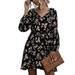 Avamo Women Long Sleeve Empire Waist Swing Dress Ladies V-Neck Lantern Sleeve Floral Print Mini Dress Girls Elastic Waist Summer Holiday Sundress