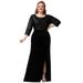 Ever-Pretty Women Plus Size Sequins Velvet Ruched Evening Party Dresses Elegant 3/4 Sleeves High Split Cocktail Ball Gown 00381 Black US18