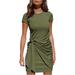 New Women's Casual Short Sleeve T Shirt Dress Crewneck Bodycon Ruched Tie Waist Mini Dresses