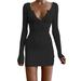 Women Deep V Neck Long Sleeve Stretch Bodycon Ribbed Knitted Dress Mini Dresses