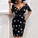 Mojoyce Dots Printed Women Lady Bodycon Short Sleeve V Neck Pencil Dress (M)