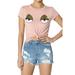 TheMogan Junior's Casual Eye Print Knot Front Soft Jersey Short Sleeve Cropped Tee