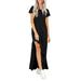 LAPA Women's Round Neck Stitching Ruffle Maxi Dress Solid Casual Long Dress