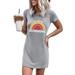 New Women's Letter Print T Shirt Dress Summer Casual Rainbow Print Short Sleeve Slim Mini Dress Beach Bodycon Dresses SUNSHINE Print Dress