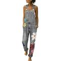 Denim Jumpsuit Dungarees Playsuit for Women Slim Fit Sunflower Printed Jeans Straps Overalls Trousers Sleeveless Pockets Long Bib Pants