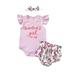 EYIIYE Baby Girls Fly Sleeve Letter Print Romper And Printed Shorts With Headband Outfit Set 0-24M