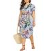 Avamo Summer Beach Sundress Women Plus Size V Neck Floral Print Waist Lace Up Midi Dresses Round Hem Short Sleeve Tops Sundress