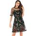 Women Mini Dress Floral Embroidery Sheer Mesh Short Sleeve Stand Collar See Through Elegant Party Dress Black