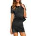 UKAP S-XXL Women Crew Neck Casual Dress Classic Fit Striped Printed Short Dress T Shirt Dresses Black L(US 10-12)