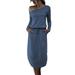 Women Loose Long Sleeve Dress Off Shoulder Pocket Side Split Shirt Dress Lace Up Waist Overall Dresses for Ladies Casual Plain Wrap Dress