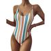 FINELOOK Women's Striped One-piece Swimsuit Color Blocking Low Neck Triangle