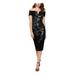 XSCAPE Womens Black Sequined Zippered Short Sleeve Off Shoulder Midi Sheath Evening Dress Size 10P