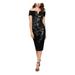 XSCAPE Womens Black Sequined Zippered Short Sleeve Off Shoulder Midi Sheath Evening Dress Size 4P