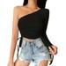 Fashion Irregular One Shoulder Tops Lady Autumn Long Sleeve Drawstring Ruched Cotton Cropped Tees Black White Casual Slim Tops Streetwear