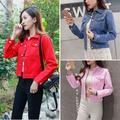 Women's Solid Denim Coat Candy-colored Long Sleeve Female Jacket Slim Short Casual Denim Ladies Coat Tops Fashion Blue M