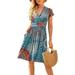 Womens V-Neck Floral Printed Ruched Midi Dress Summer Casual Swing Sundress
