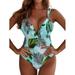 Women Floral Print Open Back Crossover One Piece Swimsuit