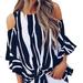 Women's Round Neck Off-Shoulder Blouses Three-Quarter Sleeve Striped Shirts Tops