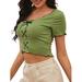 Selfieee Juniors Short Sleeve Stretchy Tie Front Knot Casual Loose Fit Tee Casual Shirt Blouse 04003 Green Small