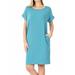 Women & Plus Round Neck Rolled Sleeve Knee Length Tunic Shirt Dress with Pockets