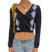 ZIYIXIN Women Casual Knitted Sweater, Dark Blue Plaid Print V-Neck Cardigan