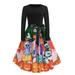 Tuscom Women Long Sleeve Pumpkin Halloween Print Formal Party Evening Vintage Dress