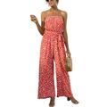 Sexy Dance Women Off Shoulder Strapless Jumpsuit Dots Print Tube Top Romper Loose Strapless Wide Leg Long Pants Playsuit with Tie Belt