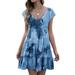 Nlife Women Tie Dyed Print V Neck Short Sleeve Ruffled Hem Pleated Mini Dress