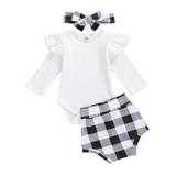 3PCS Xmas Baby Girls Plaid Clothes Infant Girls Long Sleeve Baby Romper+Shorts+ Headband Outfits