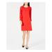 ALFANI Womens Red Pleated Ruffled Long Sleeve Jewel Neck Above The Knee Shift Wear To Work Dress Size 12