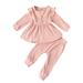 Bebiullo Toddler Baby Girls Ribbed Ruffle Skirt-like Top Elastic Pants 2pcs Outfis Set Pink 12-18 Months