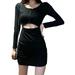 Ochine Women Bodycon Dress Long Sleeve Round Neck Ruffle A Line Cut Out Button Down Sexy Mini Dresses Party Club Goingout