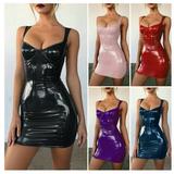 Women Sexy Dirndl Latex Faux Leather Pencil Dress Female Sleeveless Bodycon Club Party Dress Mini Slim Fit Dress