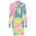 Tie-dye Fashion Skinny Dress Summer Turtle Neck Long Sleeve Bodycon Ruched Women Clubwear Party Mini Dress